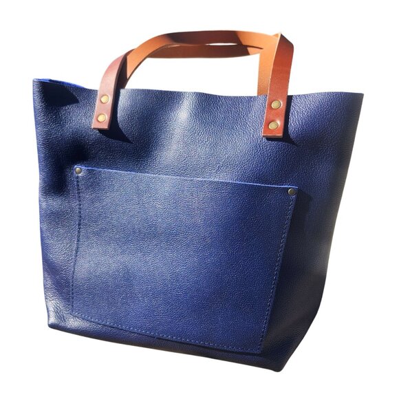 Portland Leather Handbags - Portland Leather Med Classic Tote Cobalt Pebbled Leather Tan Handles (Tandles)